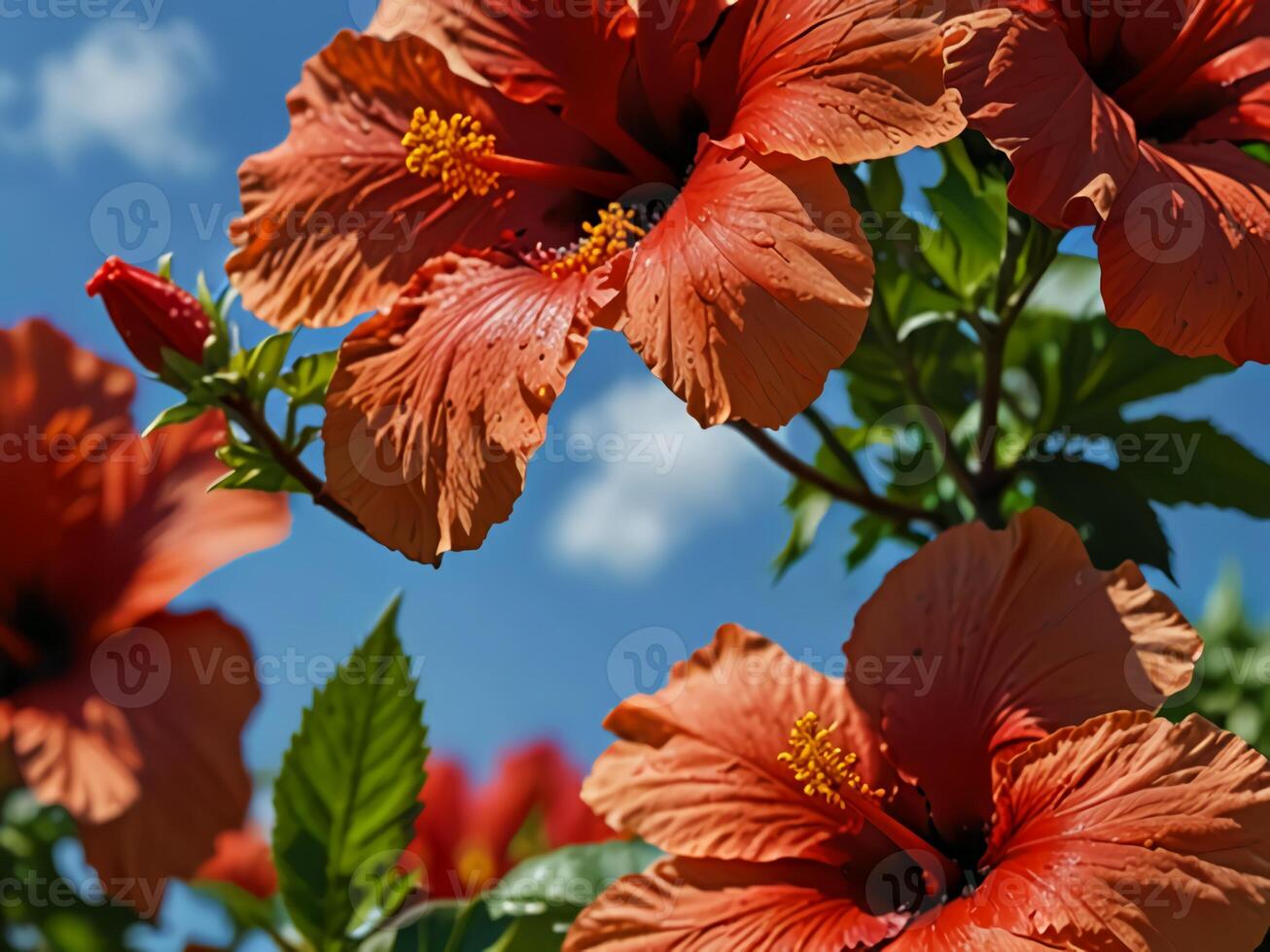 Close up of red hibiscus flowers blooming in spring against a bright blue sky background photo