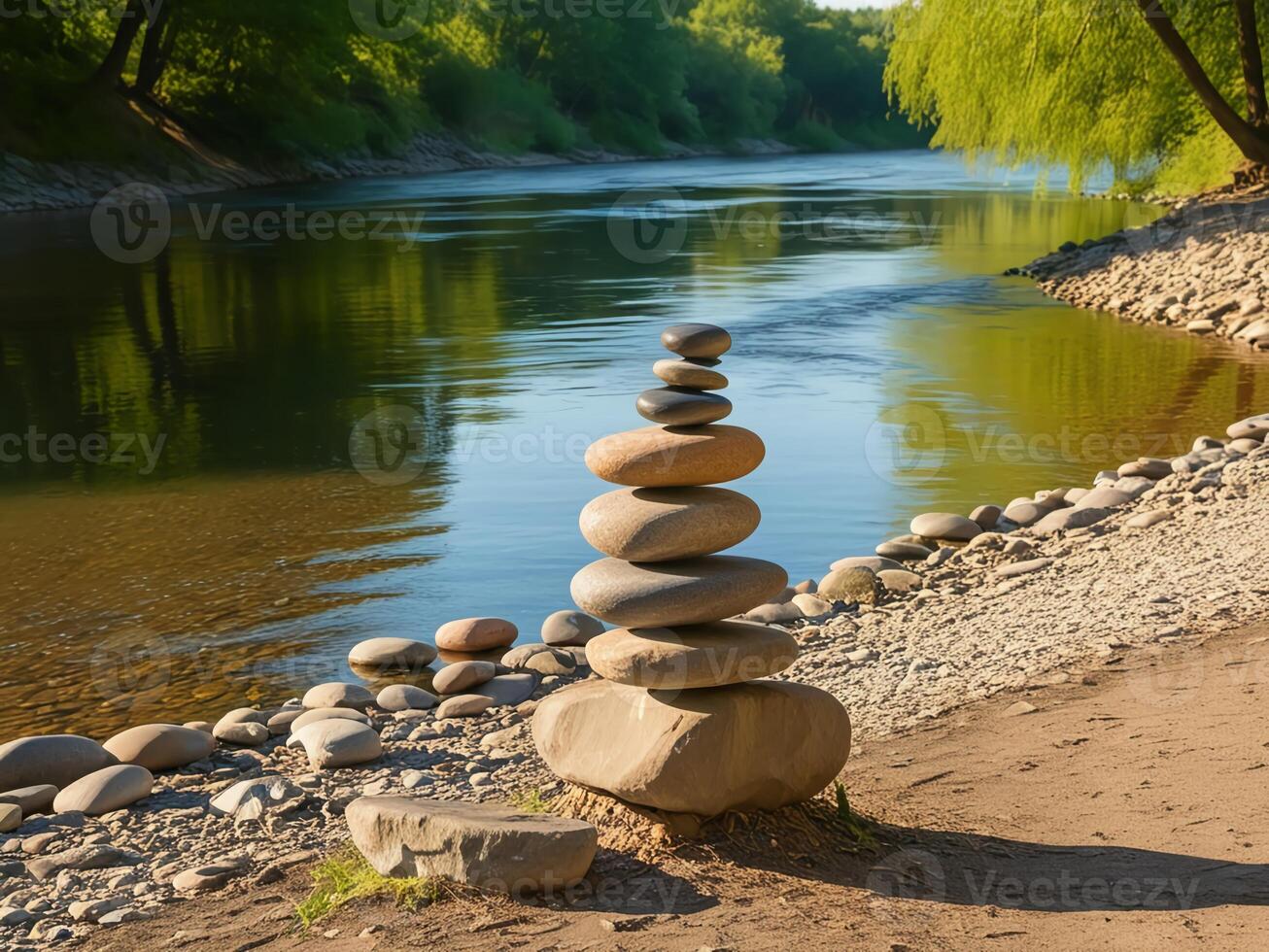 Showing the art of rock balancing on the river bank. In the background, a calm flowing river reflects the colors of the natural stones carefully stacked on its banks. photo