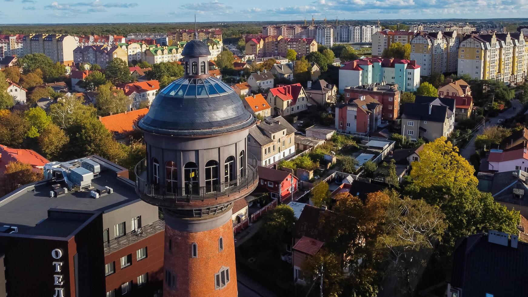 Zelenogradsk, Russia - October 9, 2022 water tower Cranz top ariel view photo