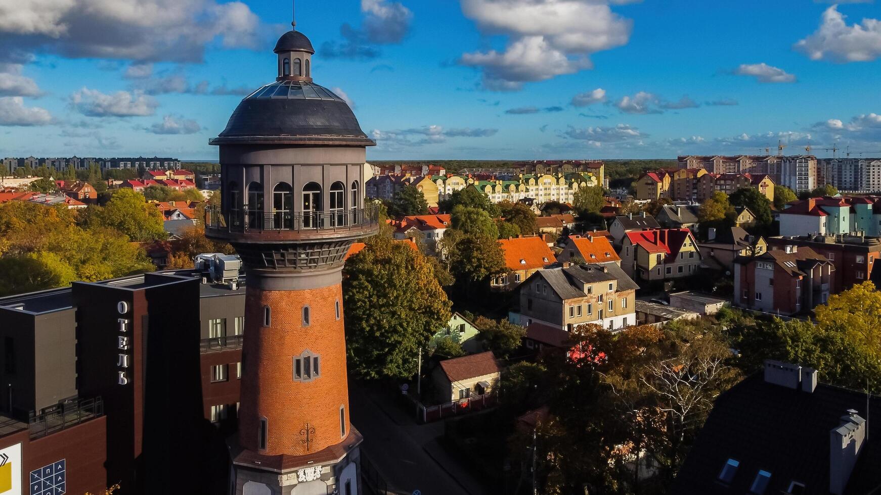 Zelenogradsk, Russia - October 9, 2022 water tower Cranz top ariel view photo