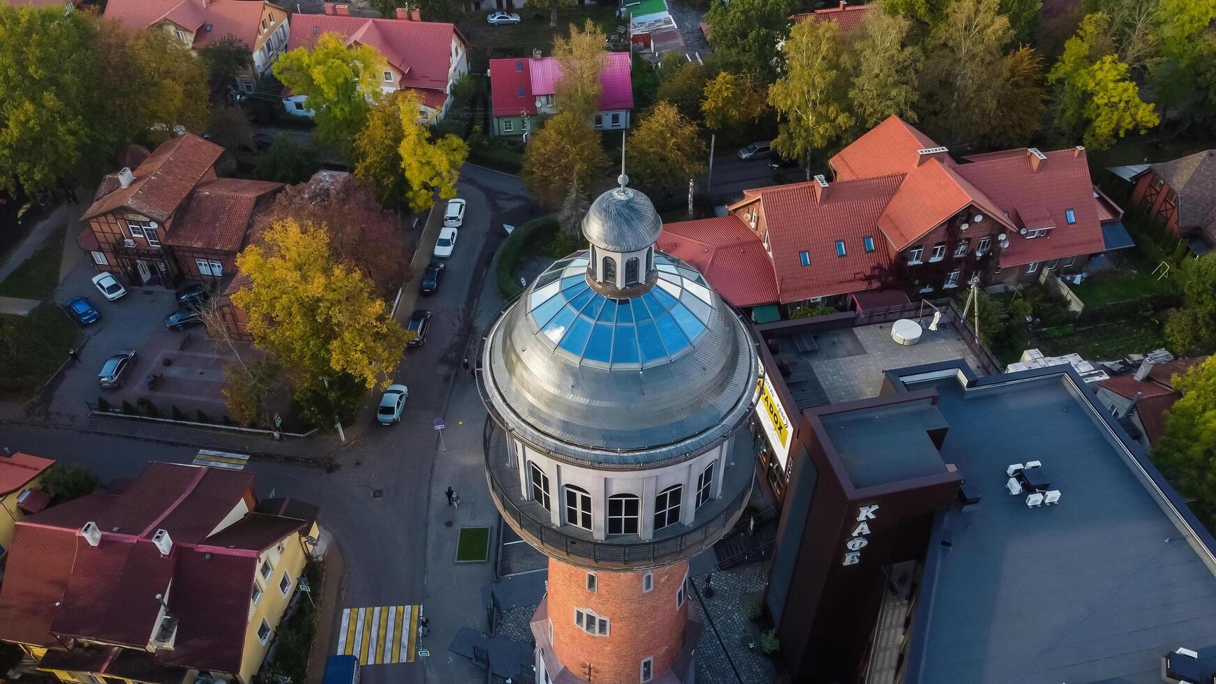 Zelenogradsk, Russia - October 9, 2022 water tower Cranz top ariel view photo