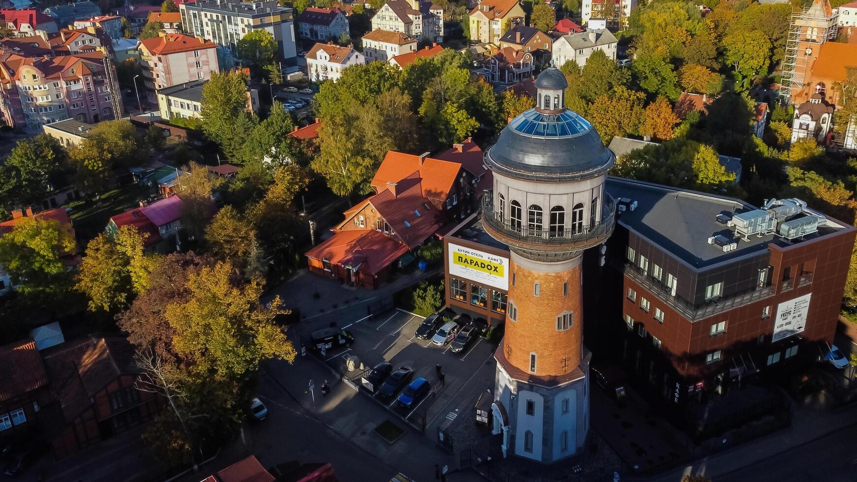 Zelenogradsk, Russia - October 9, 2022 water tower Cranz top ariel view photo