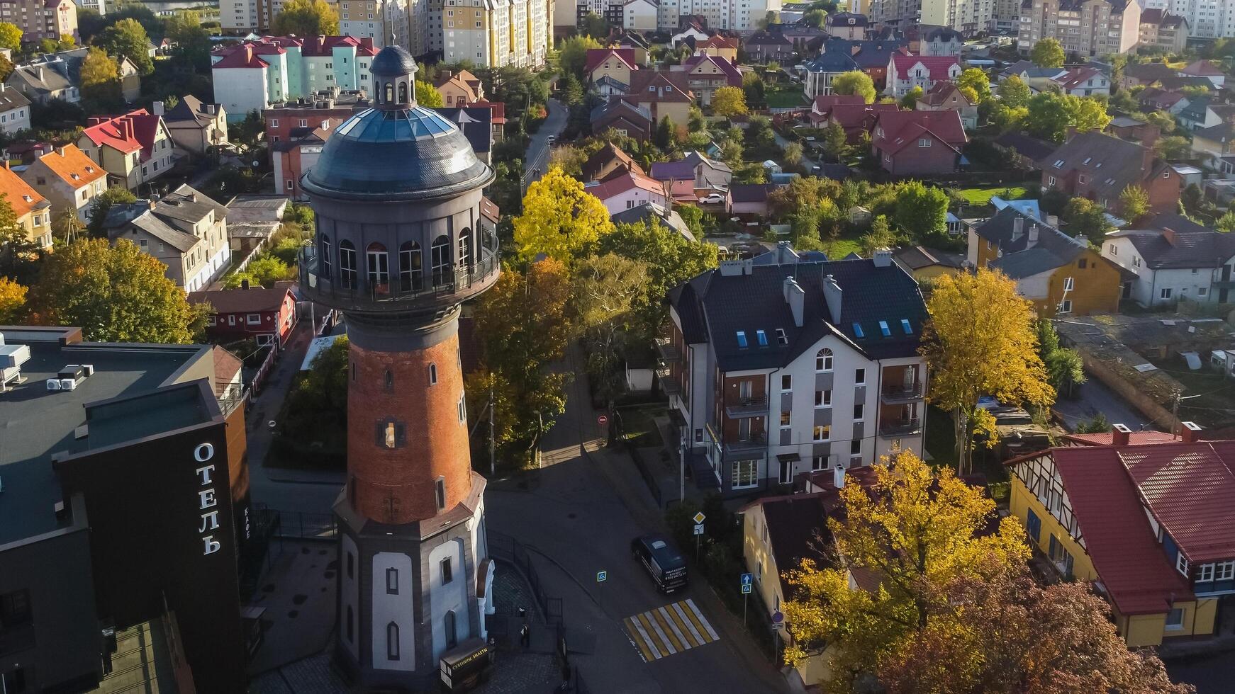 Zelenogradsk, Russia - October 9, 2022 water tower Cranz top ariel view photo
