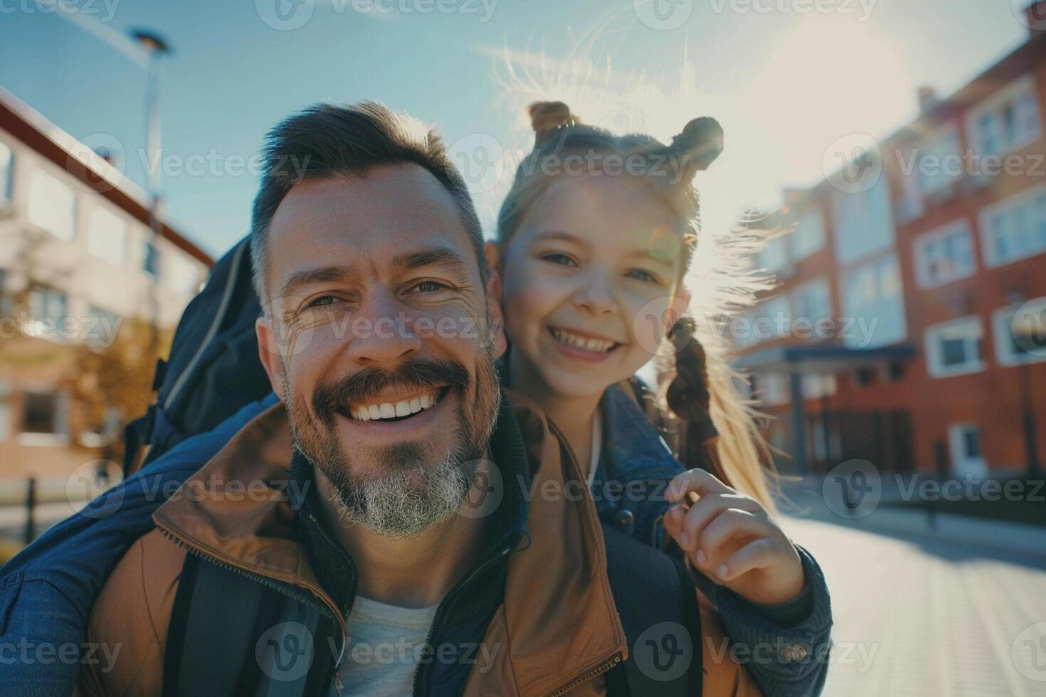 Happy father picking up his child daughter from school. Equality household management concept. Shared responsibilities partnership idea. photo
