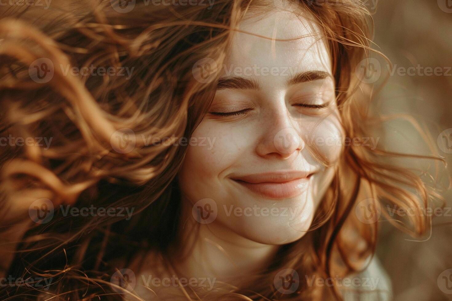 Happy woman enjoying the moment, smiling face, wind is in the hair, sun shining on the face. Bucket lifestyle concept. photo
