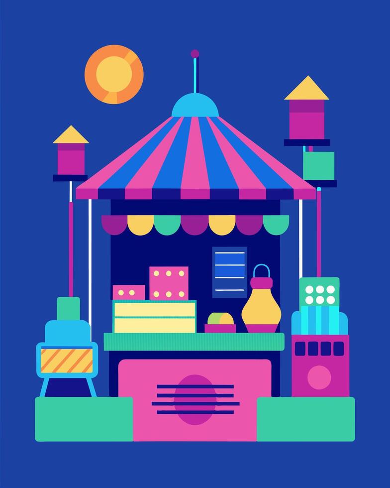 The bright pinks and blues of the handmade goods on display are perfectly illuminated by the ecofriendly glow of solar panel lights hanging from the market stalls.. illustration. vector