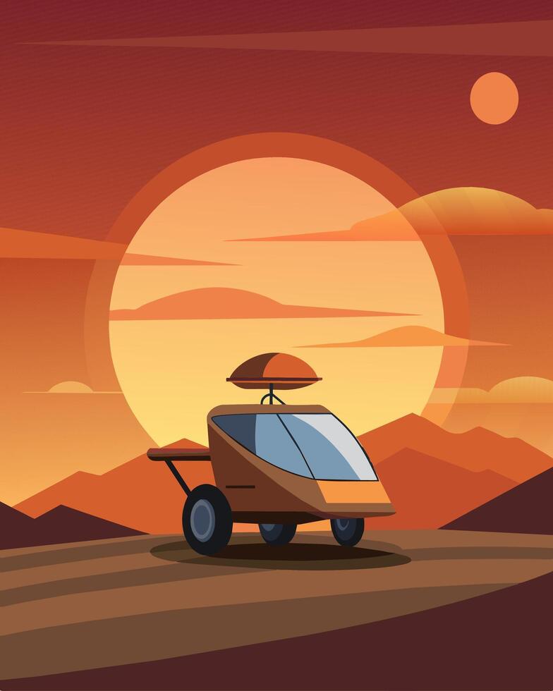 As the sun sets on the horizon a podlike autonomous vehicle continues its journey across the open plains its solarpowered engine silently propelling it forward.. illustration. vector
