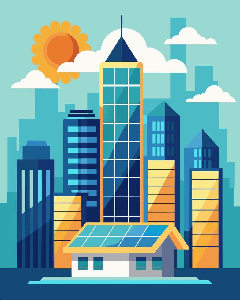 A cityscape with skyscrapers one standing out with its rooftop covered in massive solar panels housing a tingedge data center inside.. illustration. vector