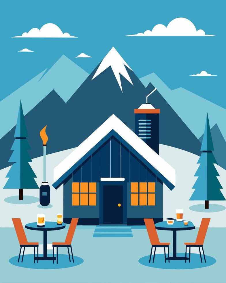 A cozy ski lodge with outdoor tables featuring integrated solar chargers allowing skiers to charge their phones and cameras while taking a break from the slopes.. illustration. vector