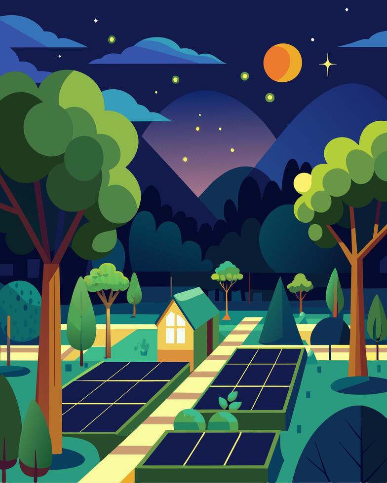 A community garden glows at night thanks to the solarpowered lights strewn through the rustling leaves of the trees creating a tranquil retreat.. illustration. vector