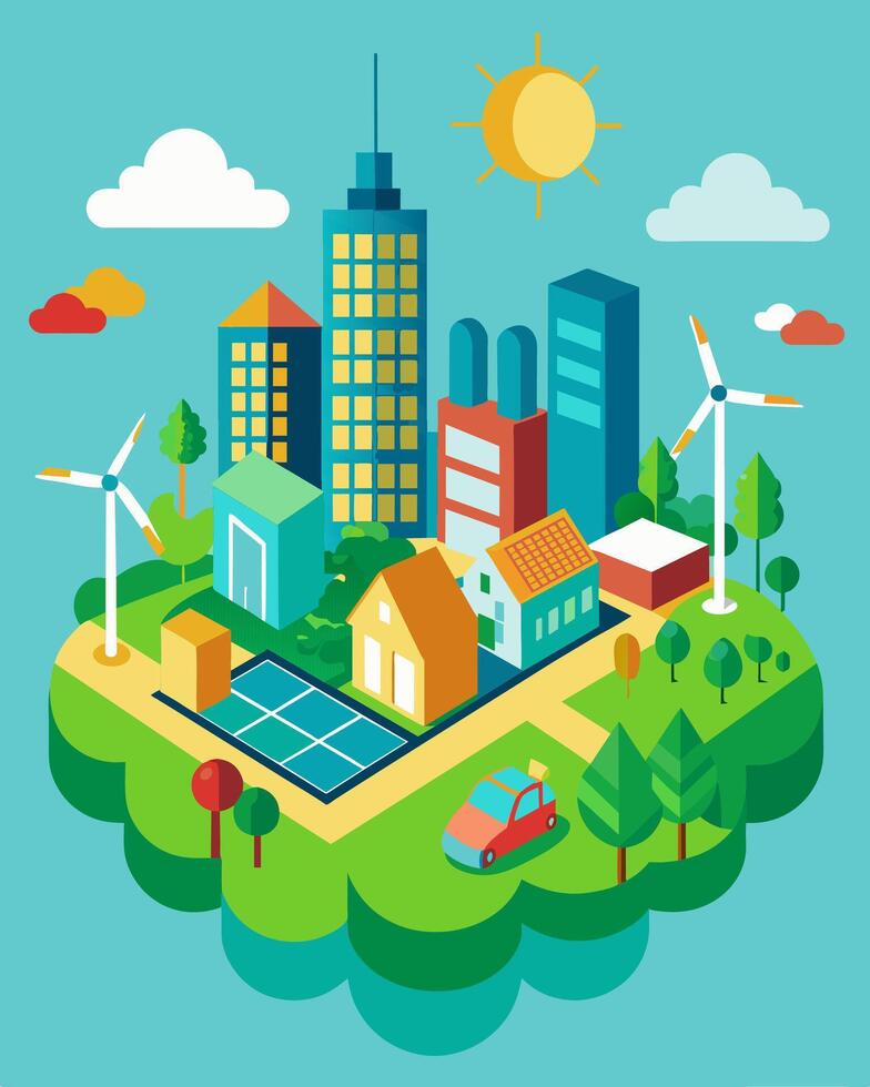 An urban planning project that prioritizes sustainable development with green roofs solar canopies and wind turbines incorporated into the citys design creating a truly ecofriendly vector