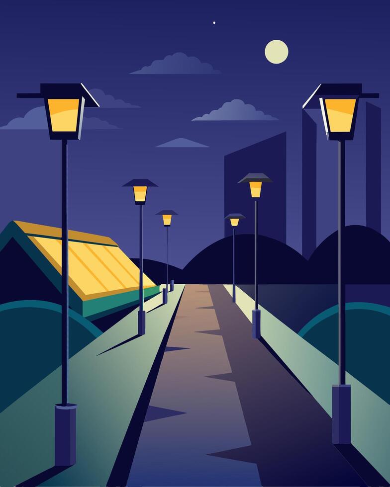 As dusk falls the centers outdoor pathway lights turn on powered by the solar panels on the nearby building.. illustration. vector