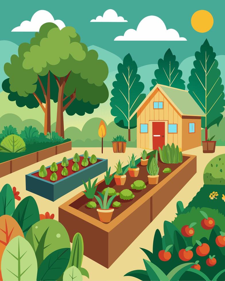The backyard featured a thriving vegetable garden filled with organic produce that was used for meals in the sustainable household.. illustration. vector