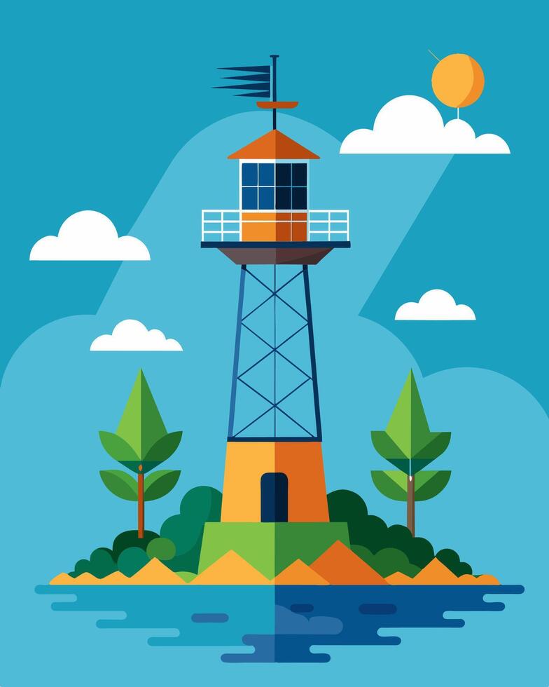 Standing on a secluded island a solarpowered tower provides vital communication for fishermen and locals allowing them to stay connected with the mainland.. illustration. vector