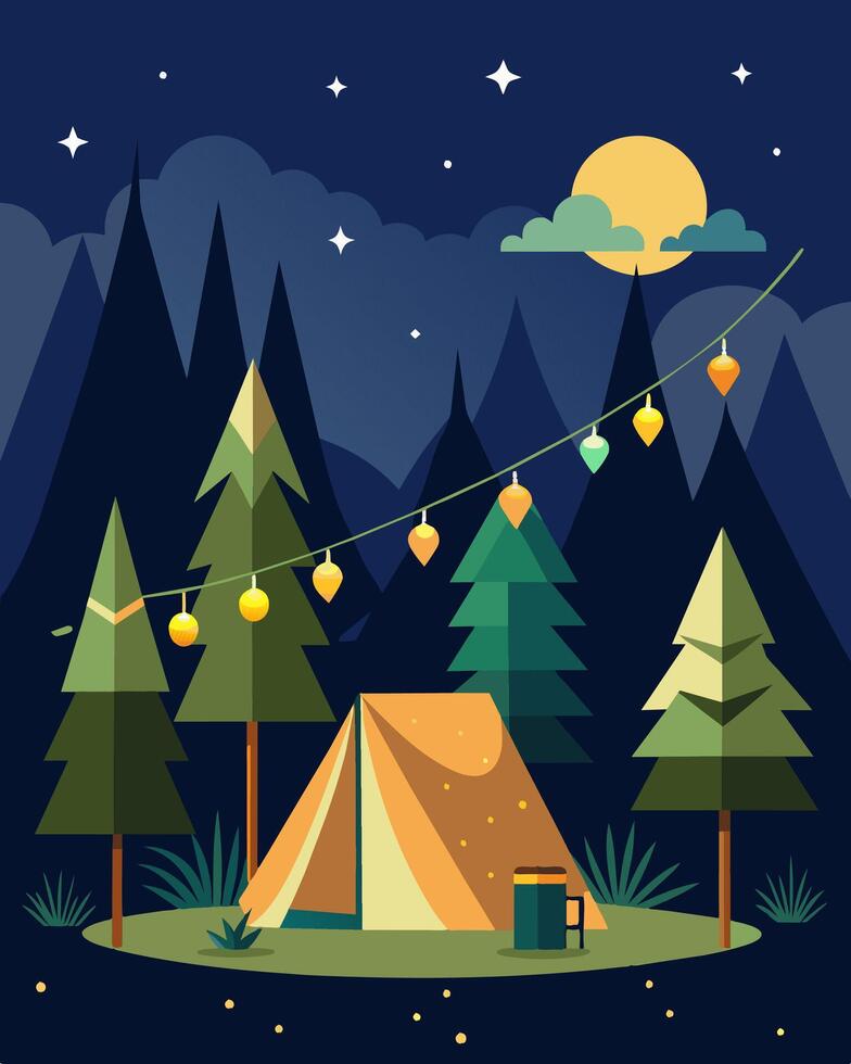 At a solarpowered forest campsite starry nights are brought to life by ling lights powered by the sun.. illustration. vector