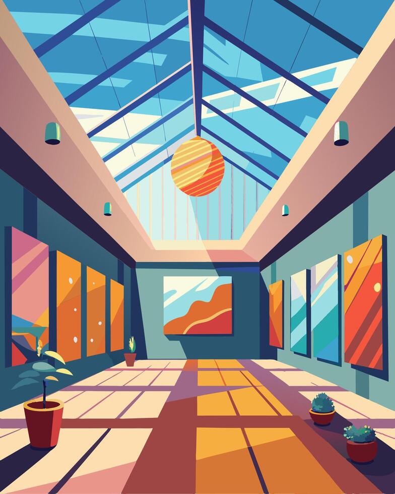 A charming indoor art space filled with natural light streaming in through solarpowered skylights illuminating the delicate glass art displayed on the walls.. illustration. vector