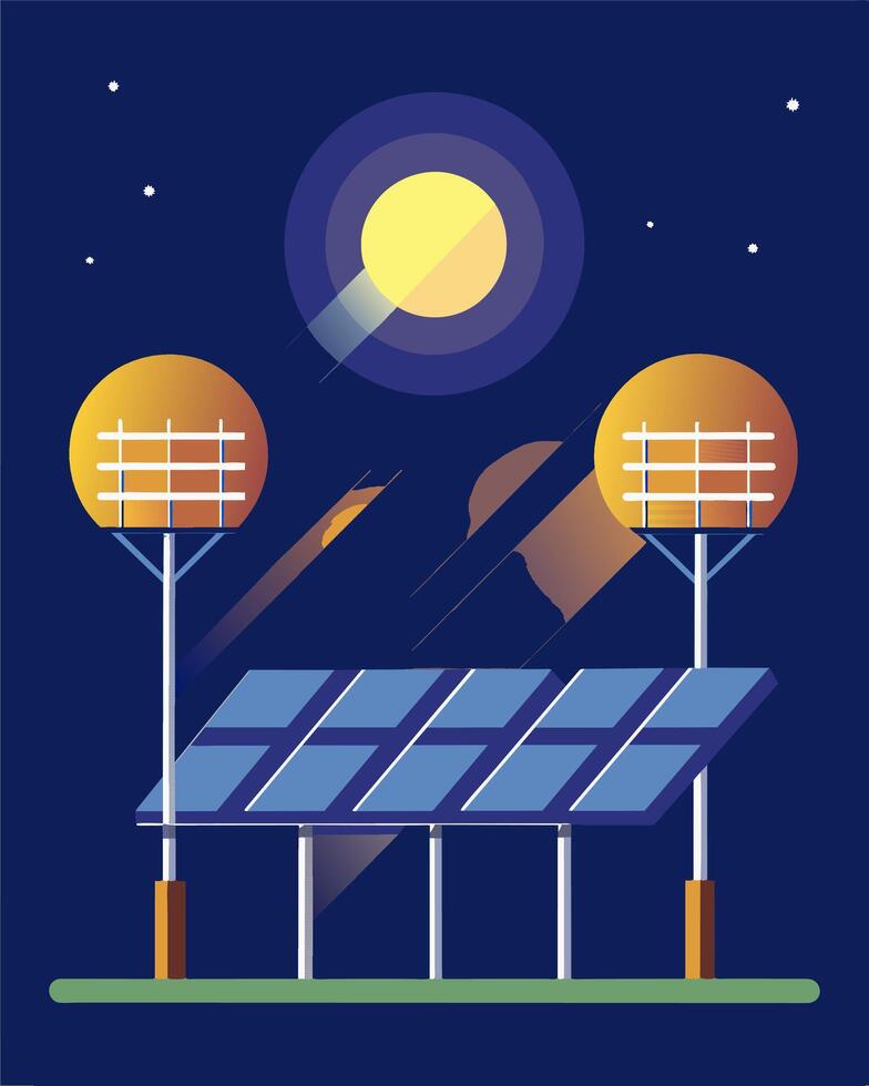 As the sun set over the horizon the solar panels collected the last rays of light to power the energyefficient stadium lights providing a sustainable solution to nighttime sports. vector