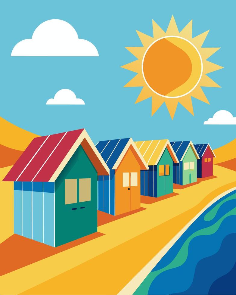 At the heart of the beach a of colorful solarpowered cabins dot the shoreline their solar panels reflecting the golden sun rays and providing a vibrant beach atmosphere.. vector