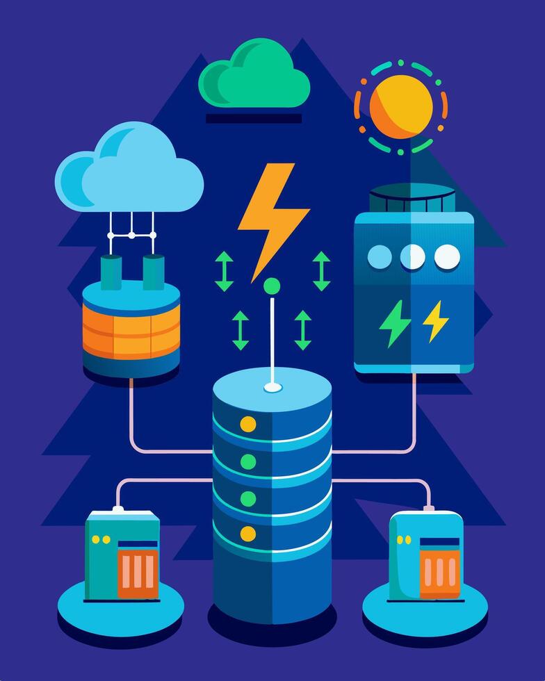 An intelligent energy storage system adjusting to energy needs based on weather patterns.. illustration. vector