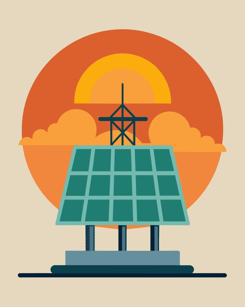 As the sun sets behind the rig its panels continue to collect the last rays of sunlight allowing the rig to operate more efficiently even during nondaylight hours.. illustration. vector
