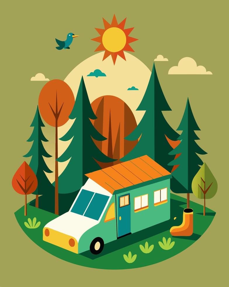 Surrounded by the sounds of birds chirping and leaves rustling campers can rest easy at a solarpowered forest campsite knowing that their ecofriendly accommodations are powered by. vector
