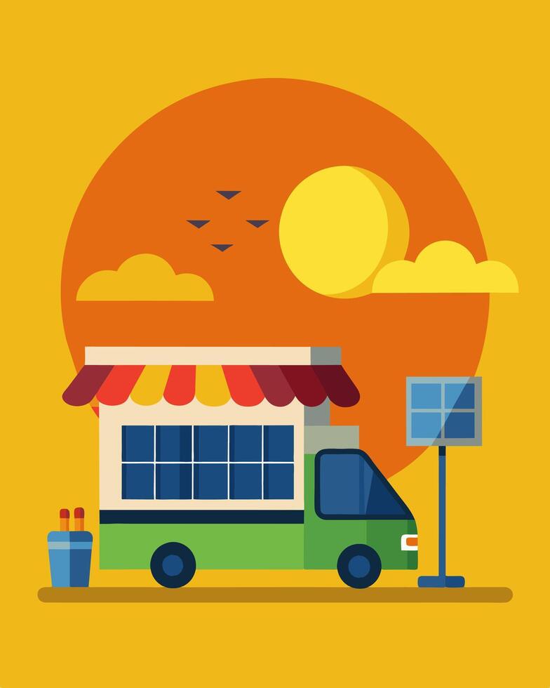 As the sun sets and the solar panels power off for the night the food carts close up shop leaving behind a clean and sustainable street food scene for the next day.. illustration. vector
