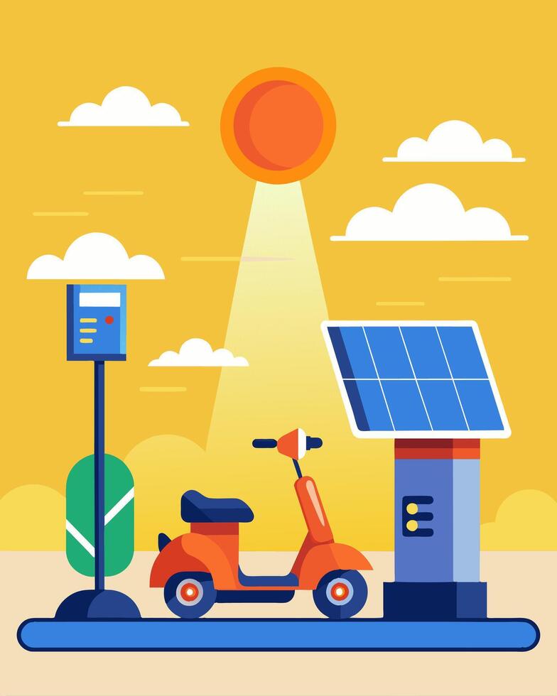 Basking in the sunlight a solarpowered electric scooter sits idle at a rental station awaiting its next rider and another round of emissionsfree adventures.. illustration. vector