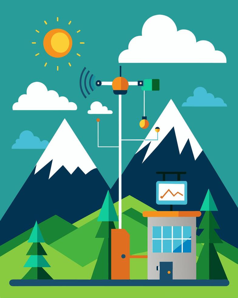 High in the mountains a solarpowered weather station collects data on temperature and precipitation helping scientists understand the effects of climate change on wildlife. vector