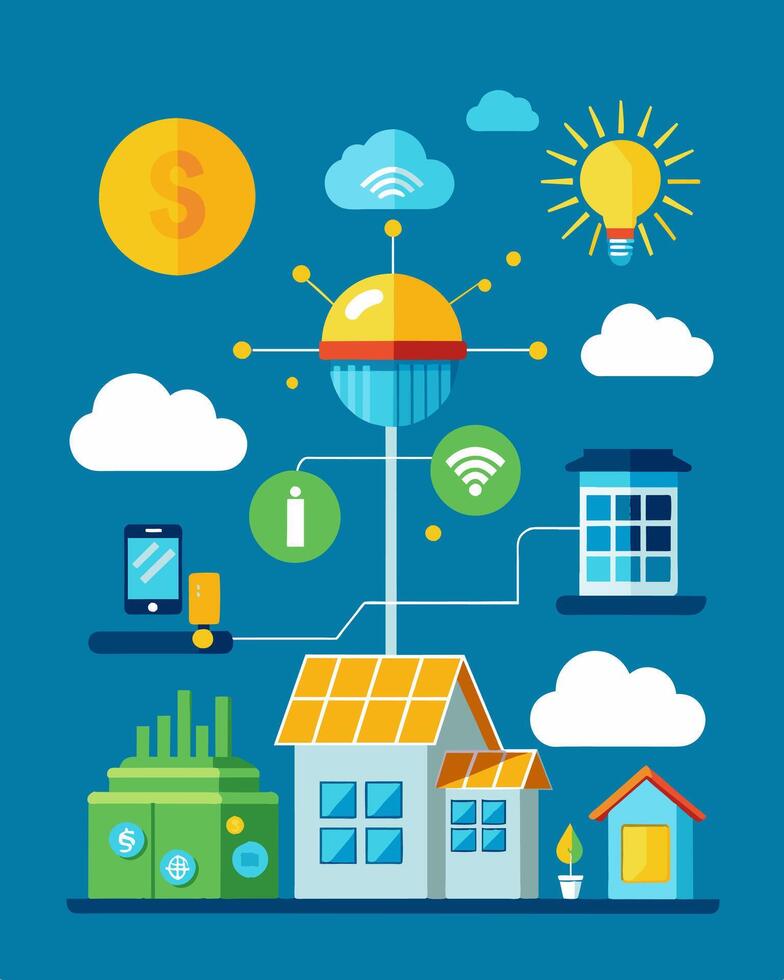 An infographic explaining the benefits of a solarpowered smart grid including increased reliability and reduced energy costs.. illustration. vector