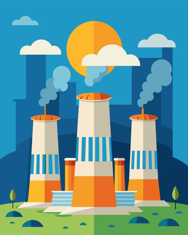 Giant cylindrical towers emit a steamy vapor cooled by solarpowered systems that keep production running smoothly.. illustration. vector
