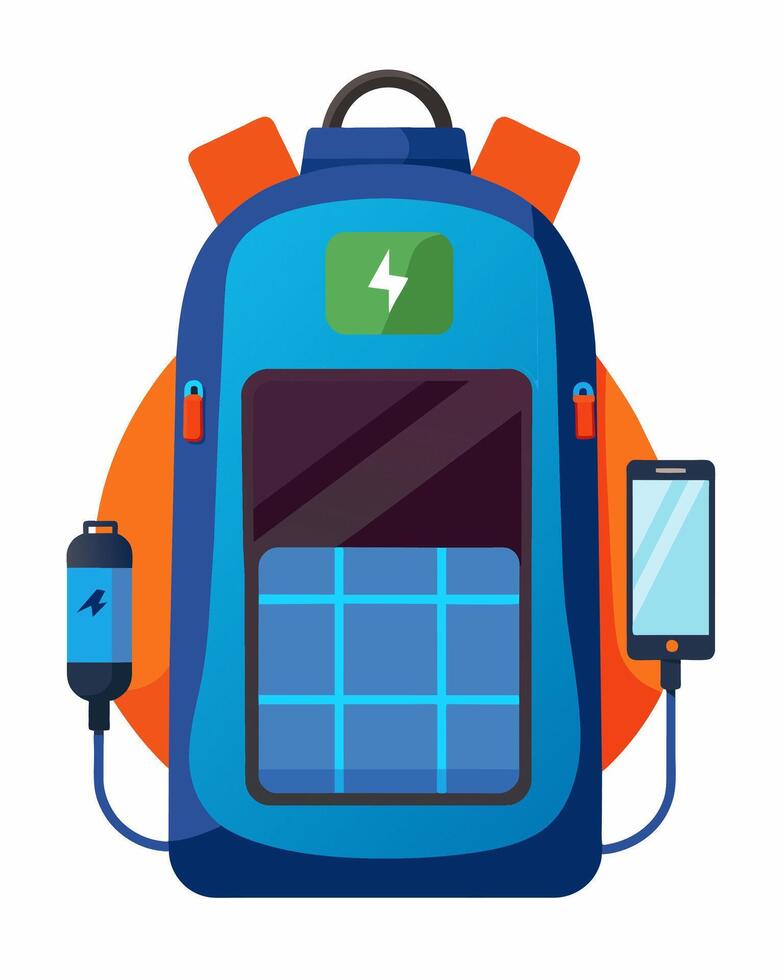 Charge your phone tablet and other electronics on the go with the help of this versatile solarpowered backpack.. illustration. vector