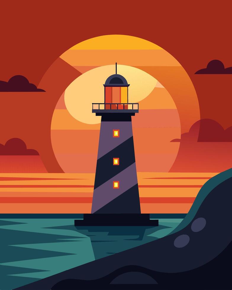 As the sun sets over the ocean the solarpowered lighthouse casts a warm glow across the darkening waters.. illustration. vector