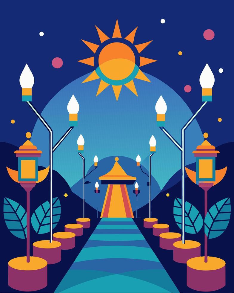 Solarpowered lights with intricate designs line the pathways of a cultural festival bringing a vibrant and ecofriendly atmosphere.. illustration. vector