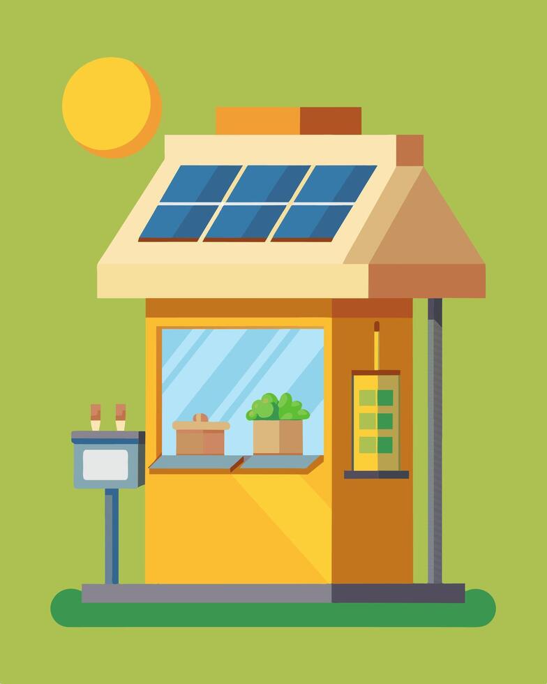 In a small town a solarpowered vending kiosk is the only source of refreshment for miles providing convenience to locals and tourists while promoting sustainable energy usage.. vector