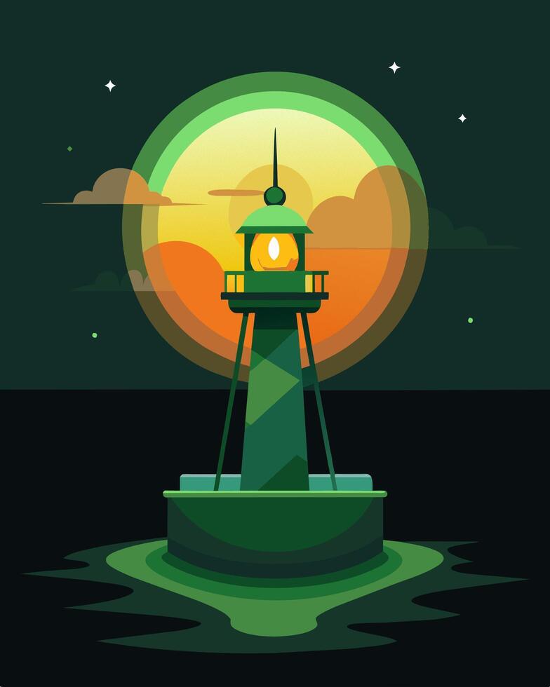 As the sun sets on the horizon a green solarpowered buoy begins to light up serving as a guiding light for ships in the darkness.. illustration. vector