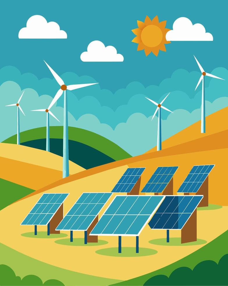 As the wind gently tousled the panels surfaces the solar farm danced in a mesmerizing display of clean energy production.. illustration. vector