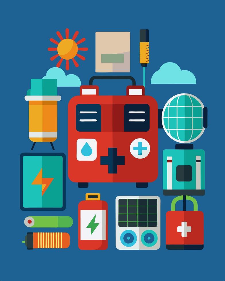A comprehensive disaster relief kit equipped with a durable solarpowered generator portable solar panel and a variety of emergency supplies for providing relief and support in. vector