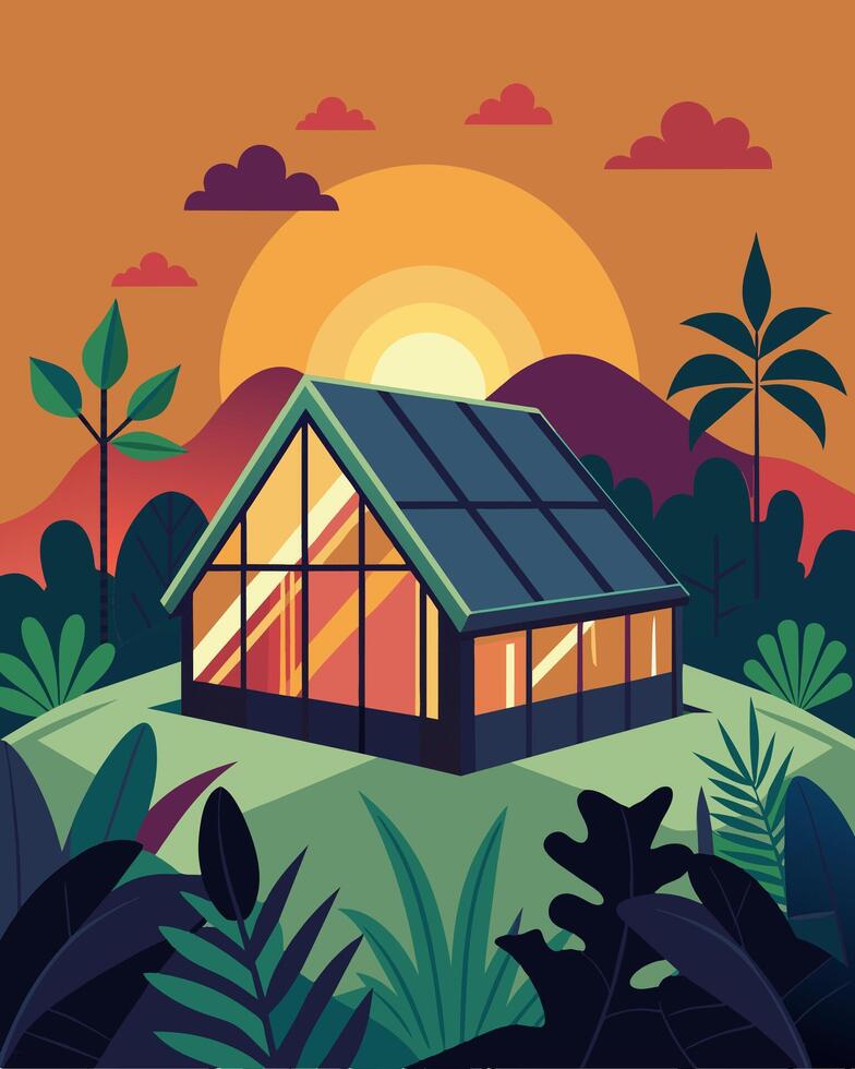 As the sun sets on a lush tropical island a solarpowered greenhouse continues to provide light and warmth to the delicate plants inside.. illustration. vector