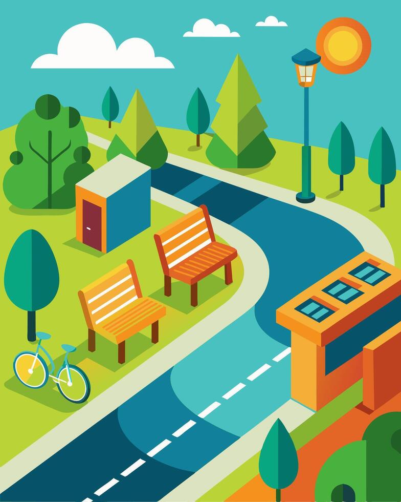 A city bike path with rest areas featuring solarpowered benches allowing cyclists to take a break and charge their devices before continuing on their journey.. illustration. vector
