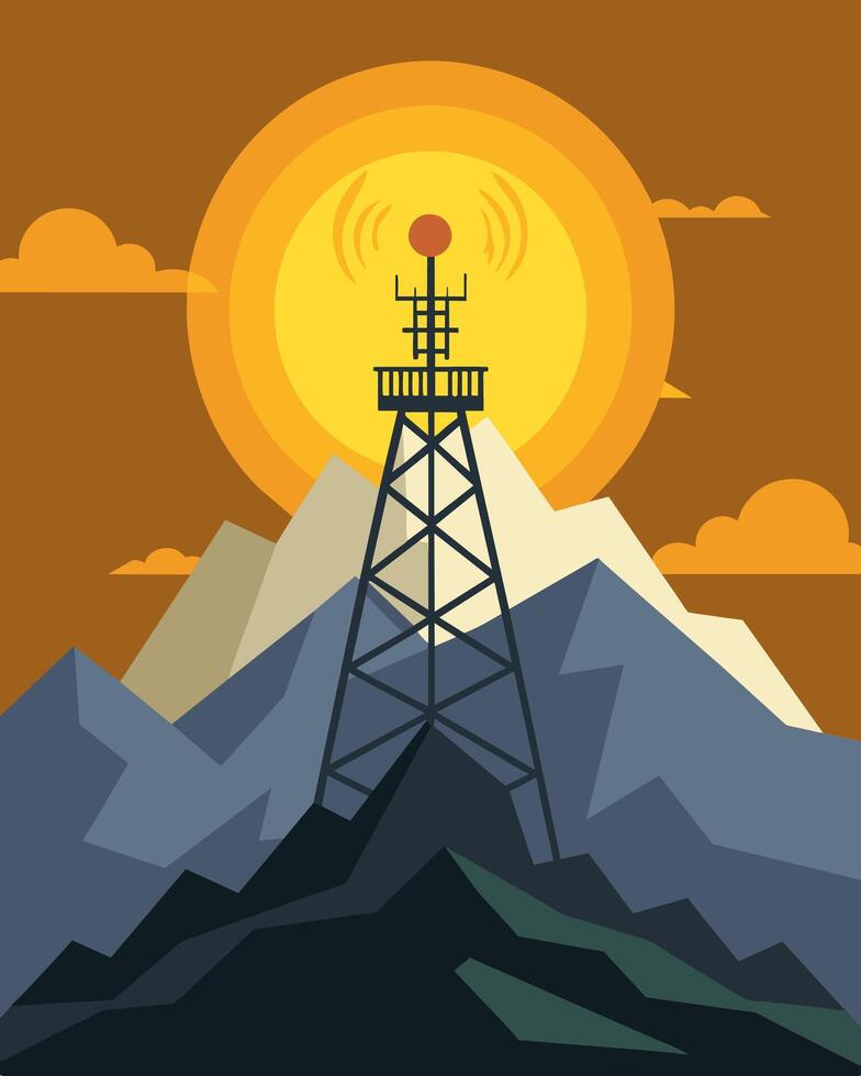 High atop a rugged mountain a telecommunication tower powered by the sun providing vital communication services to nearby communities.. illustration. vector