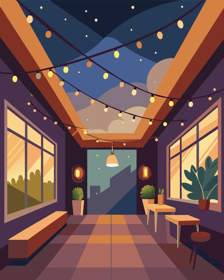 An intimate indoor gallery exuding a cozy and inviting atmosphere lit up by solarpowered fairy lights strung across the ceiling.. illustration. vector