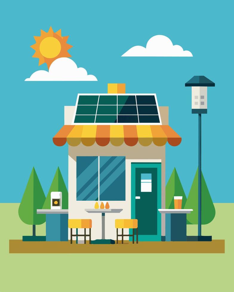 A charming roadside cafe powered entirely by solar energy and featuring quaint outdoor seating and charging stations perfect for a quick pitstop and a recharge of both devices and. vector