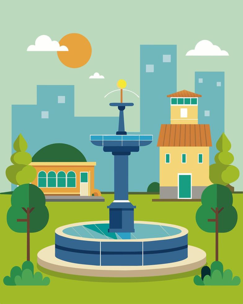 A historic city park with a traditional solarpowered water fountain showcasing the integration of modern technology into a traditional setting.. illustration. vector