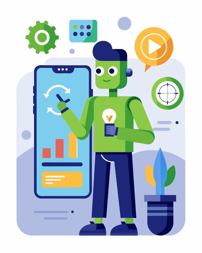 The app features a virtual assistant that uses machine learning to suggest optimizations for energy usage and cost savings.. illustration. vector