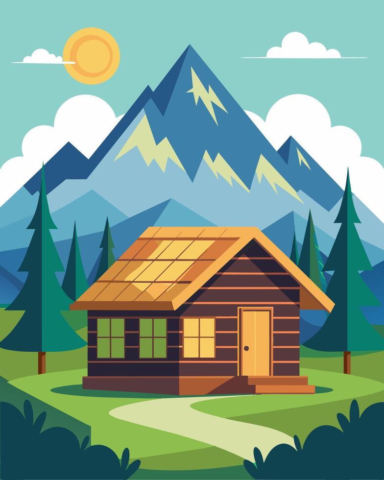 A charming log cabin situated in a remote valley utilizing solar energy to provide a comfortable and sustainable escape from the hustle and bustle of daily life.. illustration. vector