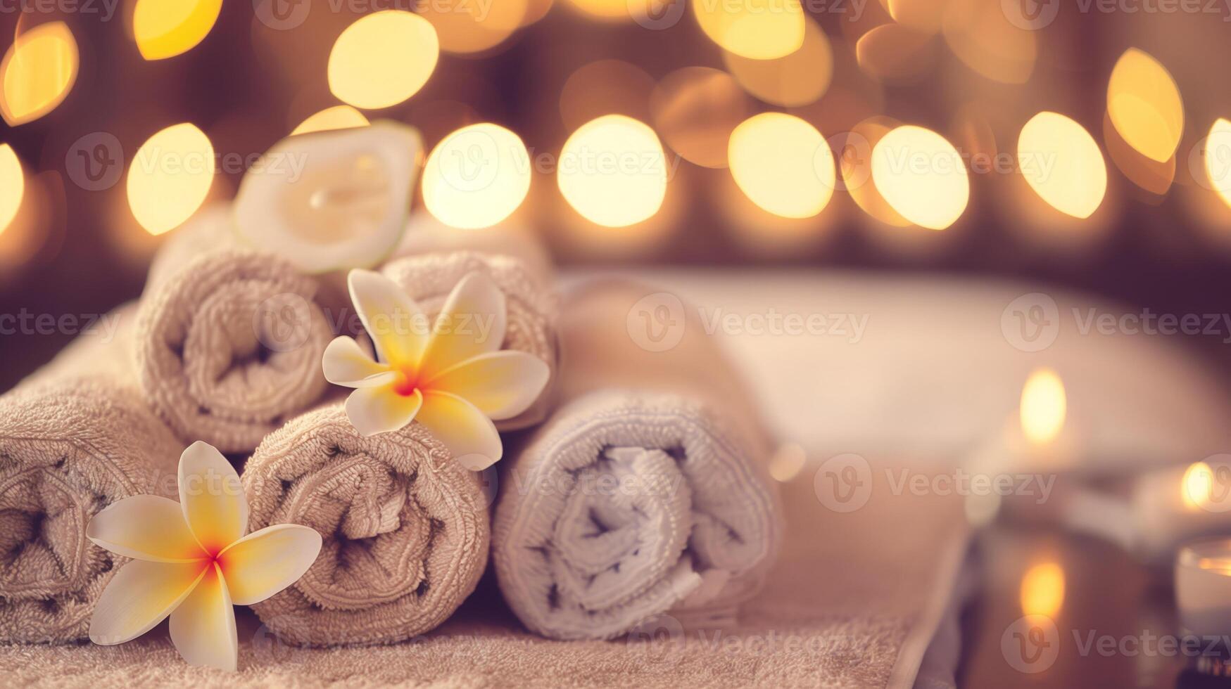 Spa still life with towels and frangipani flowers with bokeh photo