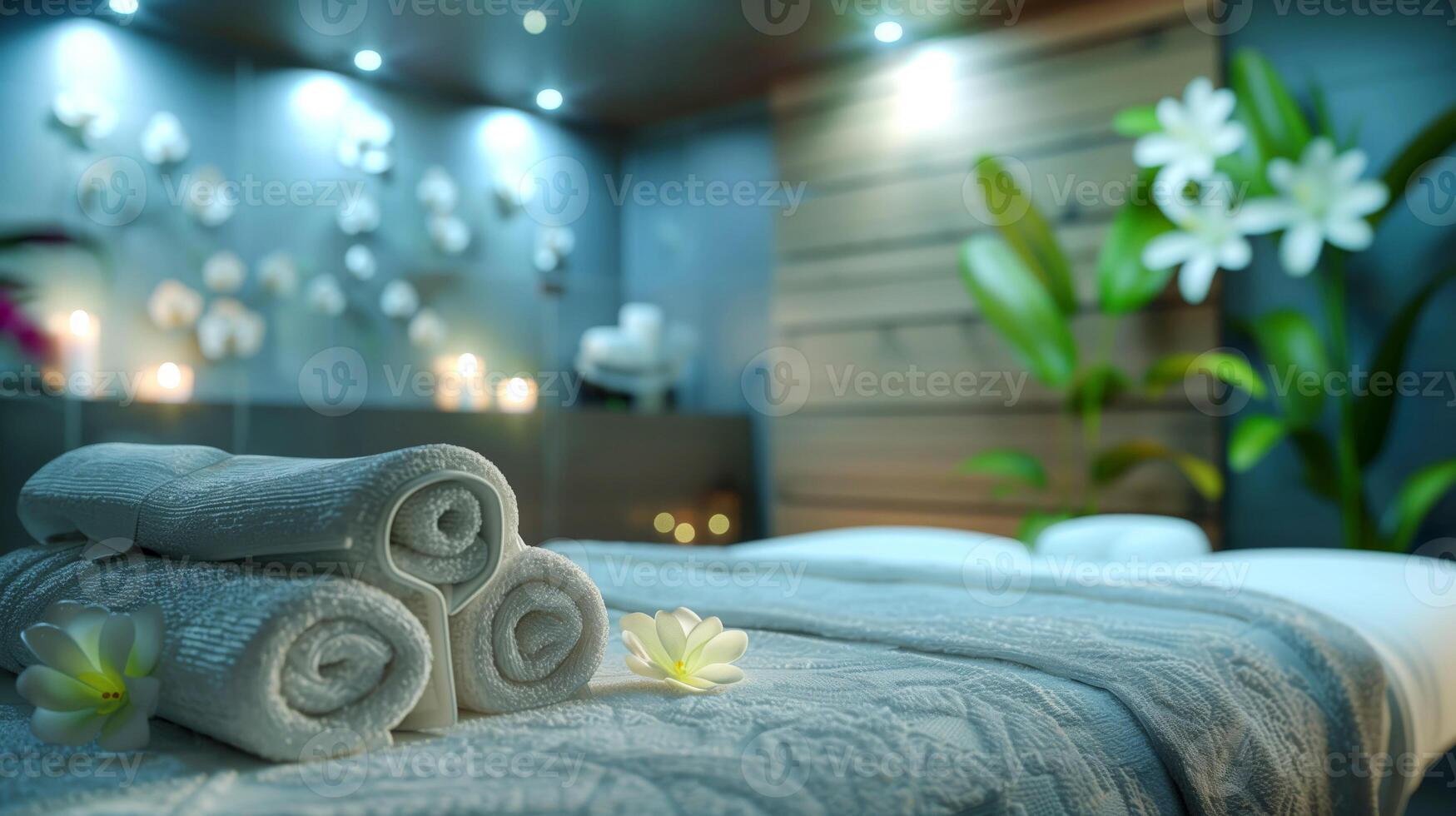 Spa massage room with towels, flowers and candles on the bed photo