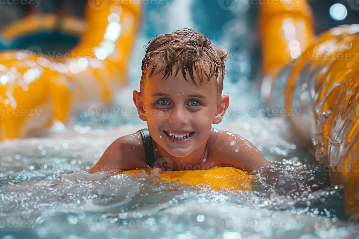 Happy boy sliding down a slide on an inflatable ring in a water park photo