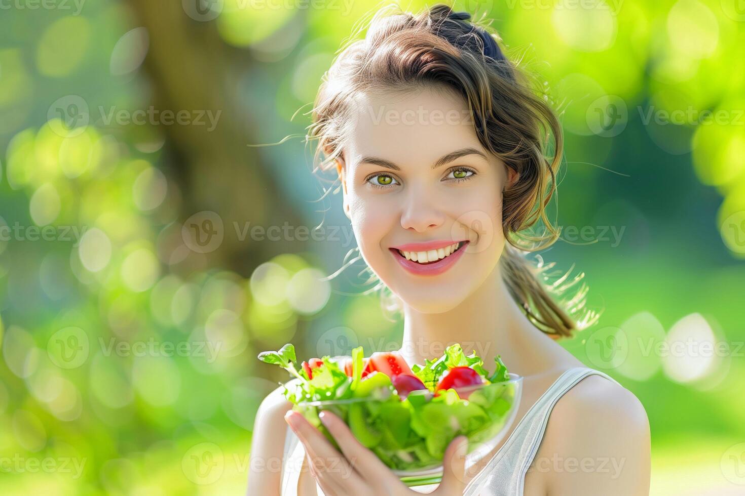 Attractive woman eating a green salad outdoors in the summer, organic, vegetarian lifestyle photo