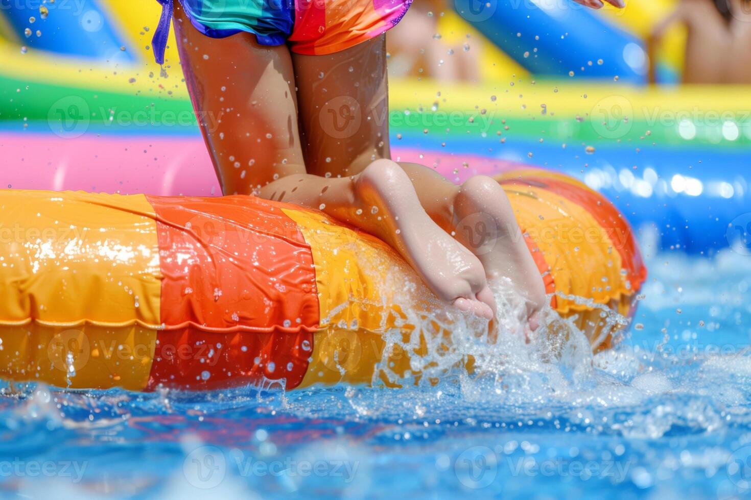 Closeup of a girl's legs in a colorful inflatable ring in the pool in aquapqrk photo